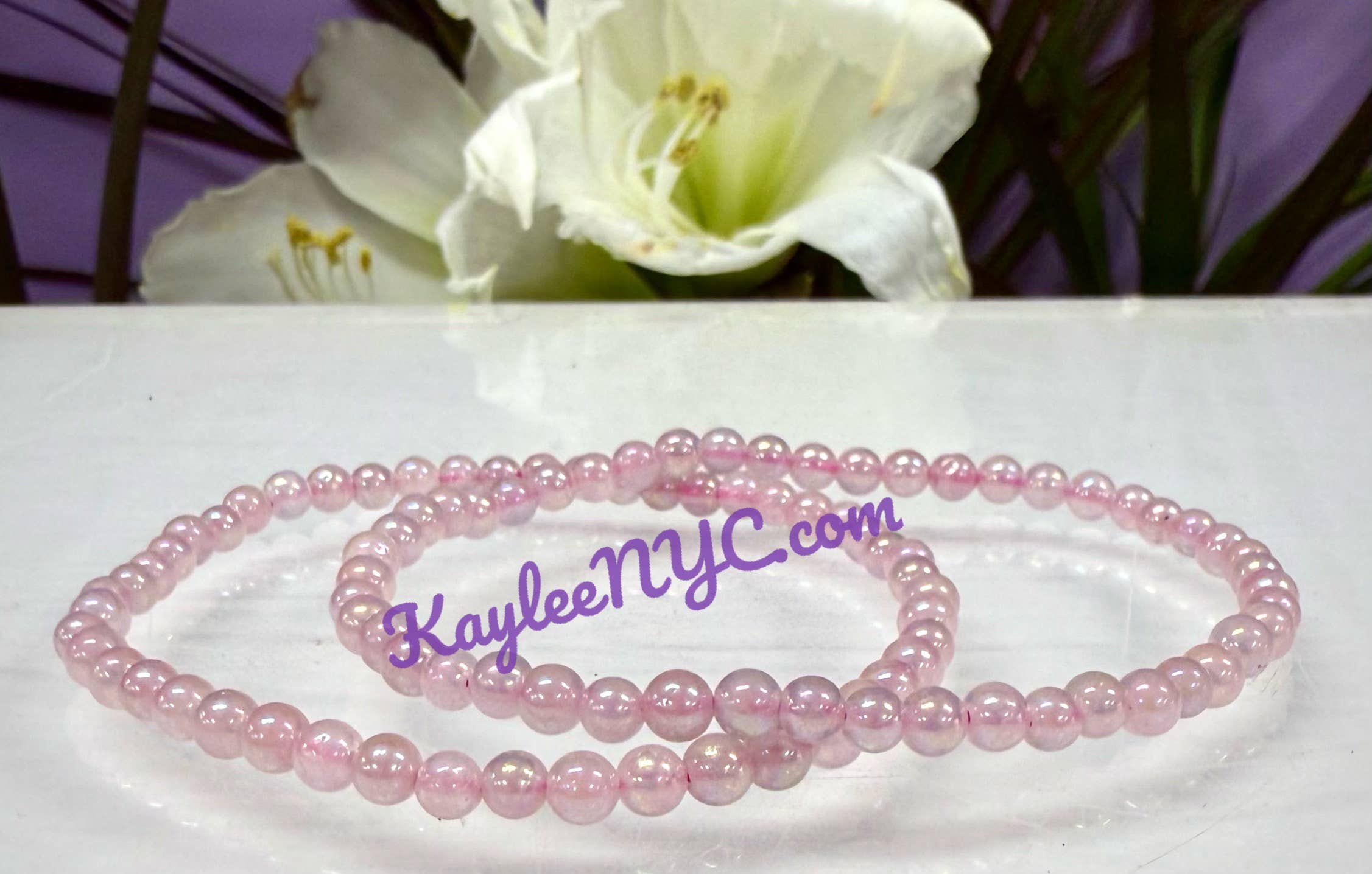 KayleeNYC – wholesale Pärlarmband – Ängel Aura Rosenkvarts 4mm 7,5” Stretcharmband5