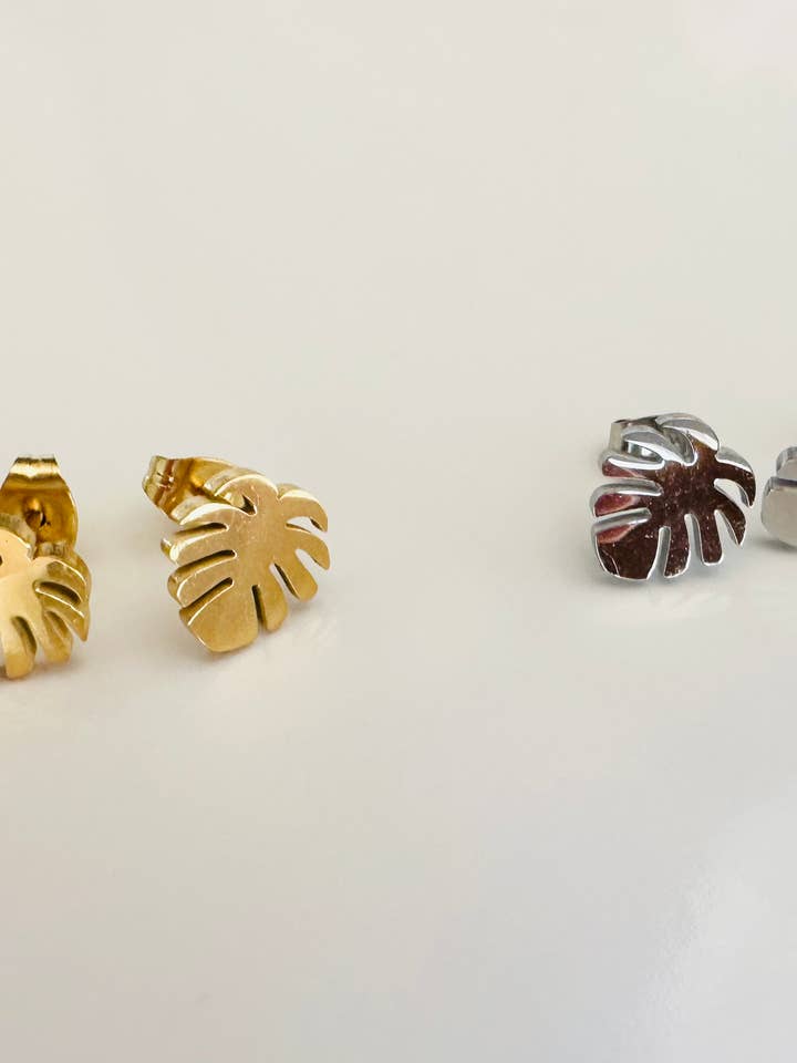 Surgical steel monstera stud earrings, gold, silver for wholesale by BuidesignCo