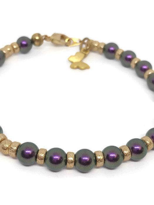 Janine’s Jewelry Design - Wholesale Beaded Bracelet - Gold filled beads and Purple Crystal Pearl Bracelet with Butterfly, Purple Pearl Bracelet2