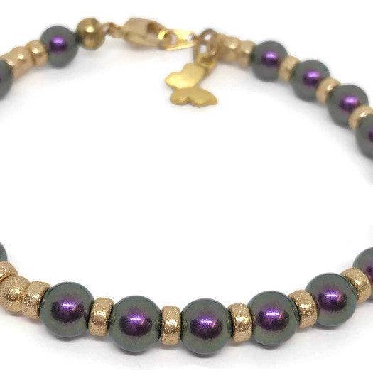Janine’s Jewelry Design - Wholesale Beaded Bracelet - Gold filled beads and Purple Crystal Pearl Bracelet with Butterfly, Purple Pearl Bracelet2
