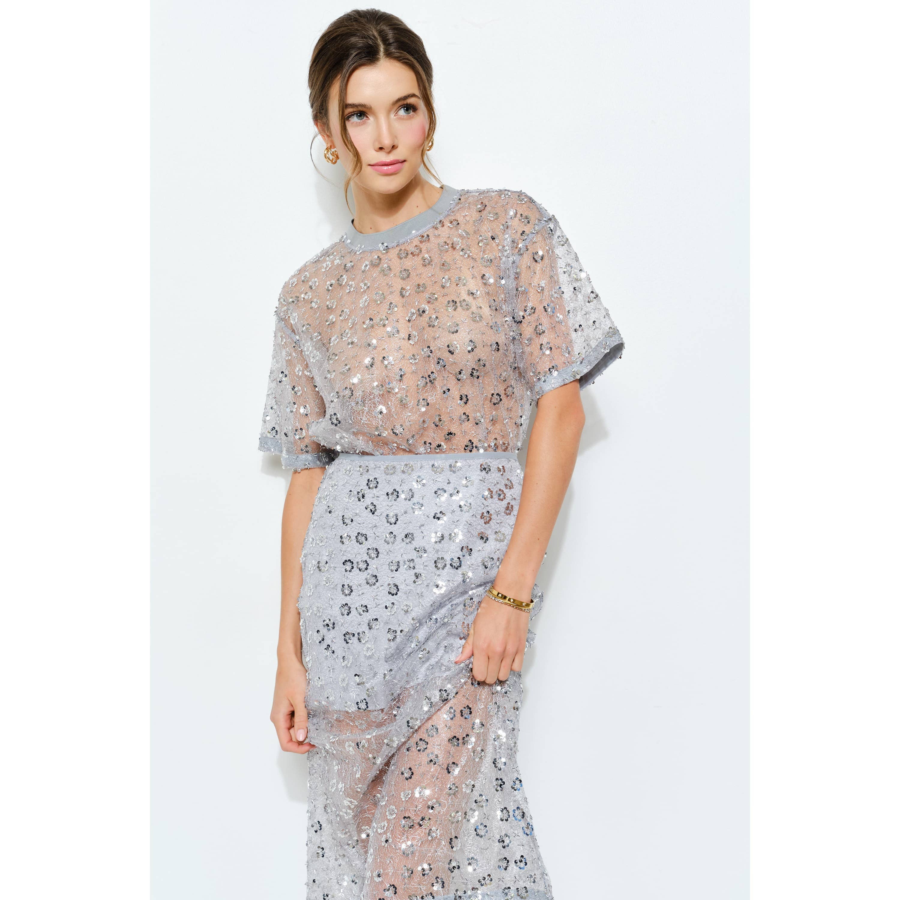 INA - Wholesale Blouse - Women's - Short Sleeve See-through Floral Sequin Top8