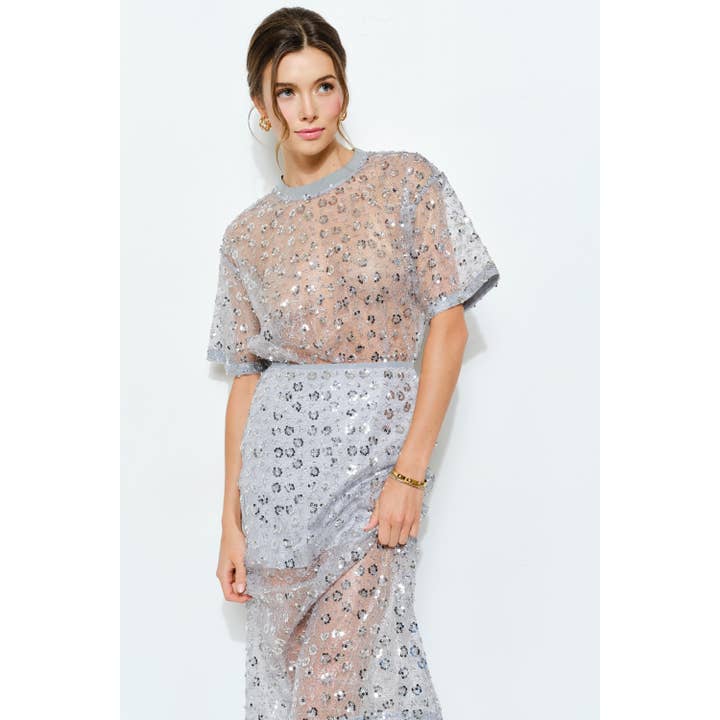 INA - Wholesale Blouse - Women's - Short Sleeve See-through Floral Sequin Top8