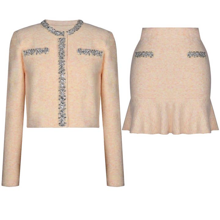 Conjunto de Cardigan de Malha de Lã com Diamante & Saia Justa SET94Y por atacado de Productseeker