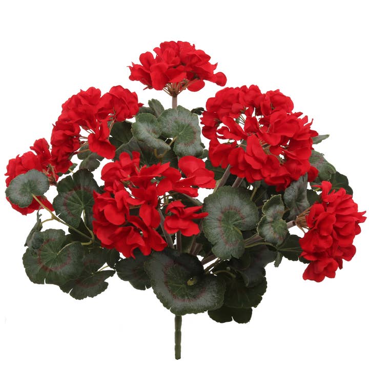 Larksilk - Wholesale Artificial Flowers - Red Geranium Bush: 18-Inch, 7 Silk Flowers & Leaves