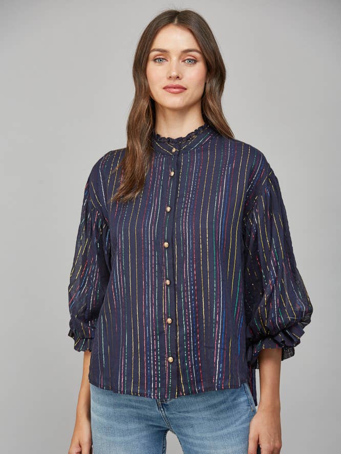 METALLIC RUFFLED STAND COLLAR VOLUMINOUS BLOUSE FT20450
for wholesale by FATE