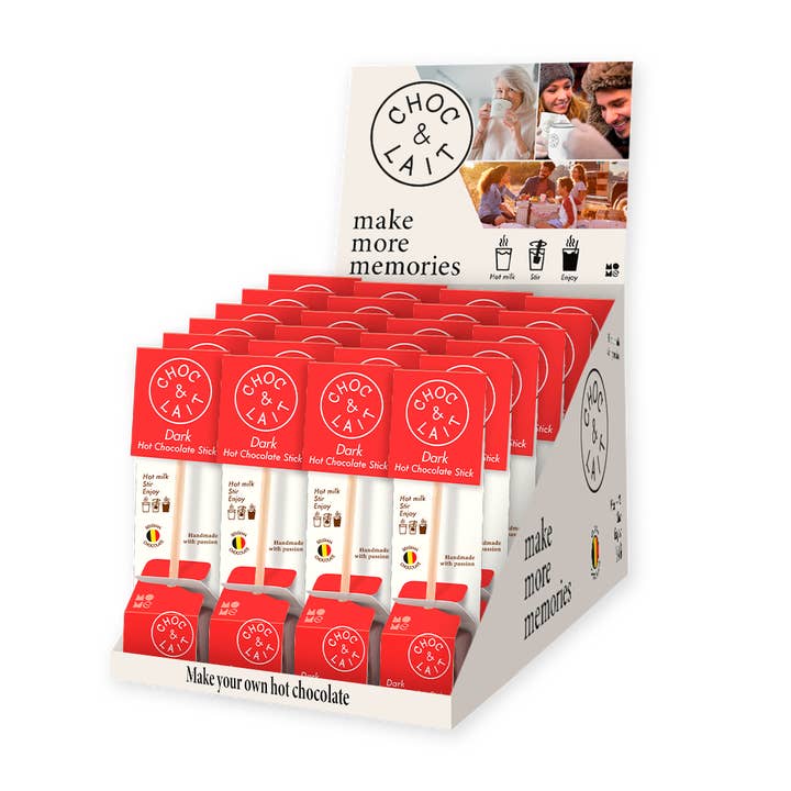 Belgium's Chocolate Source - Wholesale Hot Cocoa Mix/Kit - Mome Dark Hot Chocolate Single Stick in Cello Bag in Display1