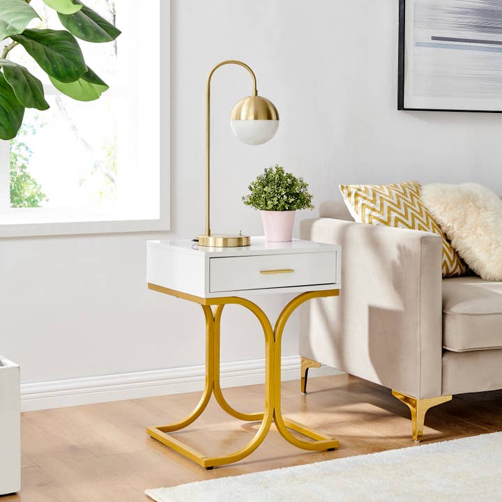 Danya B - Wholesale Side Table - Retro White Lacquer Gold Brass Metal Nightstand with Drawer