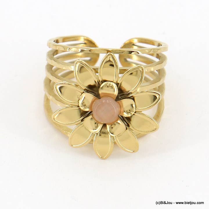 Lilas de Seine – Großhandel Cocktail-/Statement-Ring – Großer verstellbarer Edelstahlring mit Blumenmotiv und Steinkugel 04230163