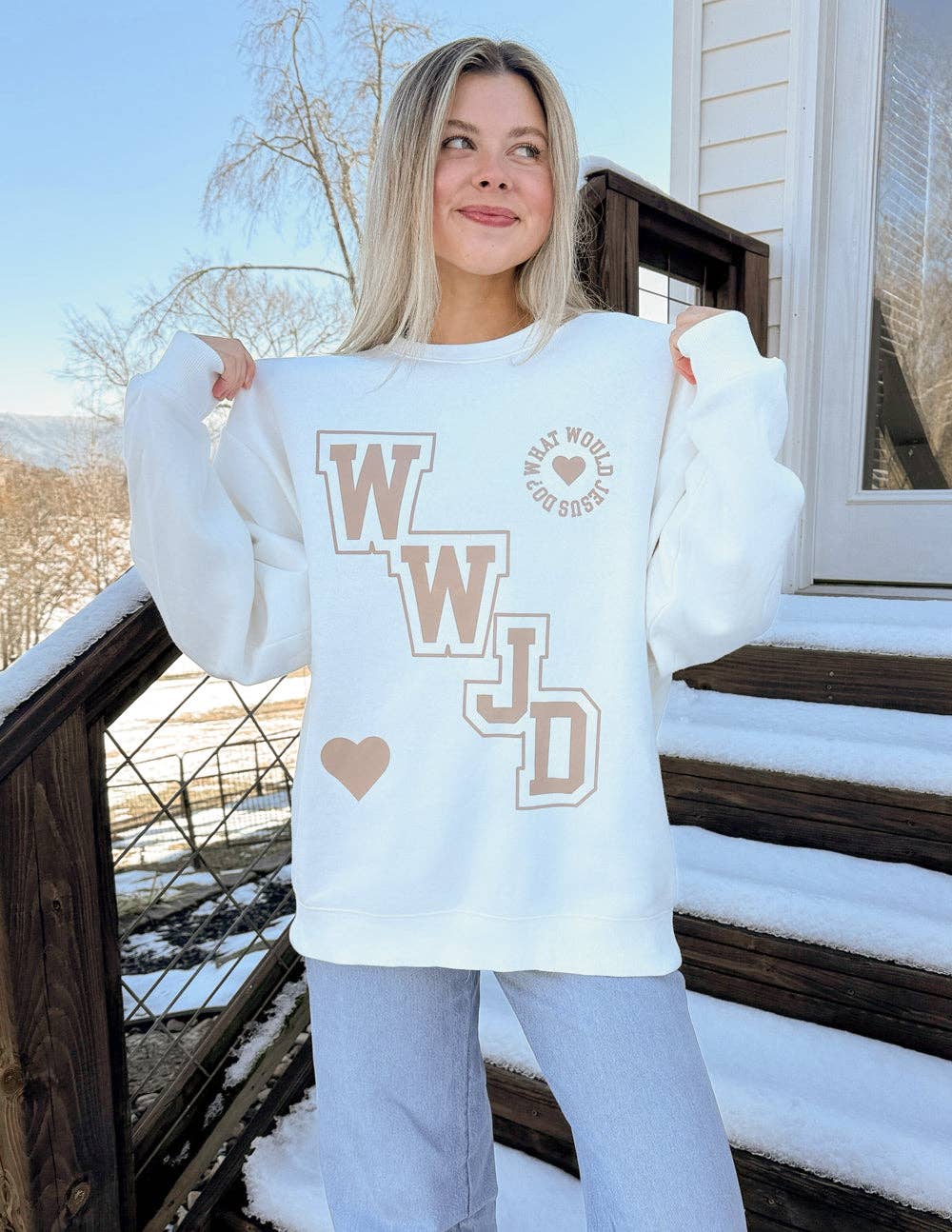 Elevated Faith - Wholesale Graphic Sweatshirt - Women's - WWJD Varsity Unisex Crewneck6
