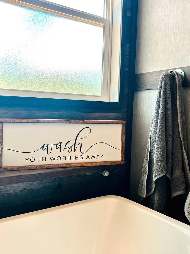 Wash Your Worries Away - Wooden Guest Bathroom Sign for wholesale by The Blonde Barn