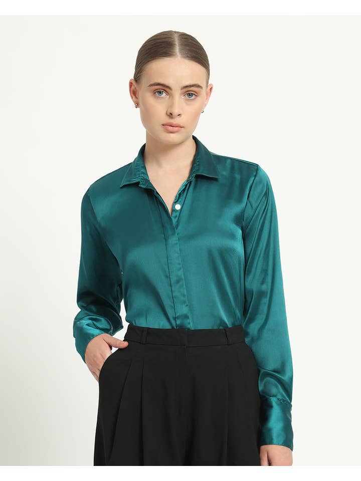 Thevasa - Wholesale Button Down Shirt - Women's - Satin Effect Formal Deep Teal Shirt