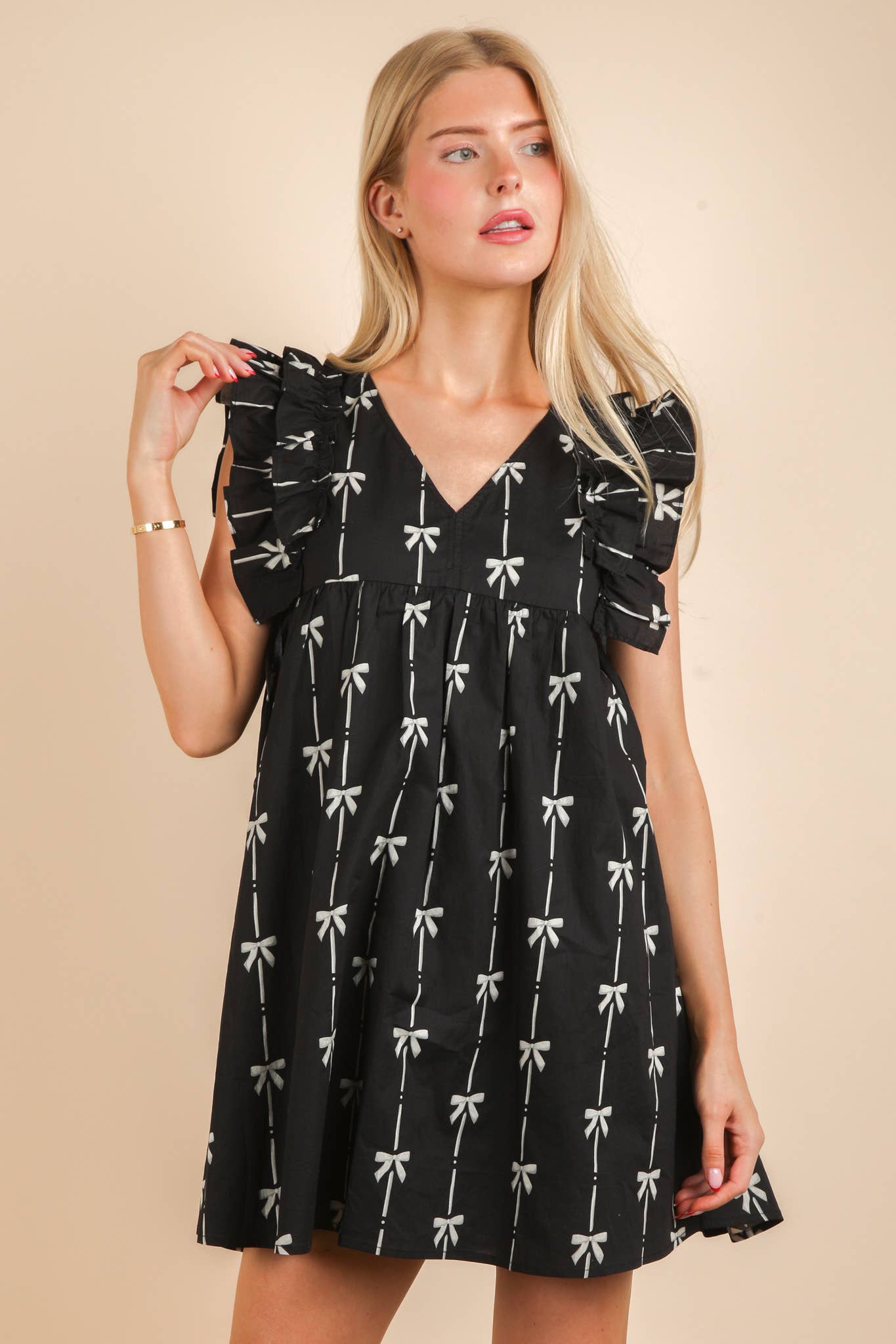 VERY J - Wholesale Dress - Women's - ND31668-Bow Printed Sleeveless Mini Dress1