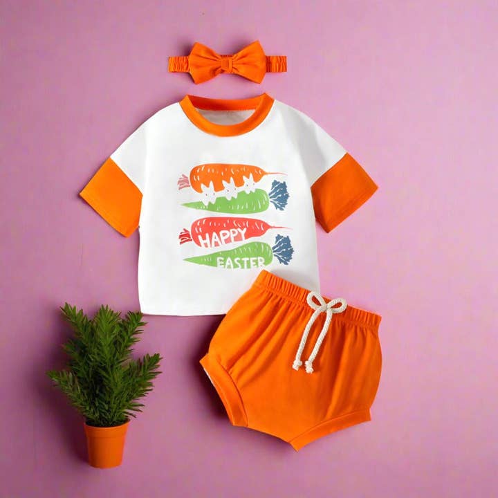 3 delar Set Baby Flickor T-shirts Enfärgad Shorts Rosetthuvudbonad för wholesale av KiddieKickz