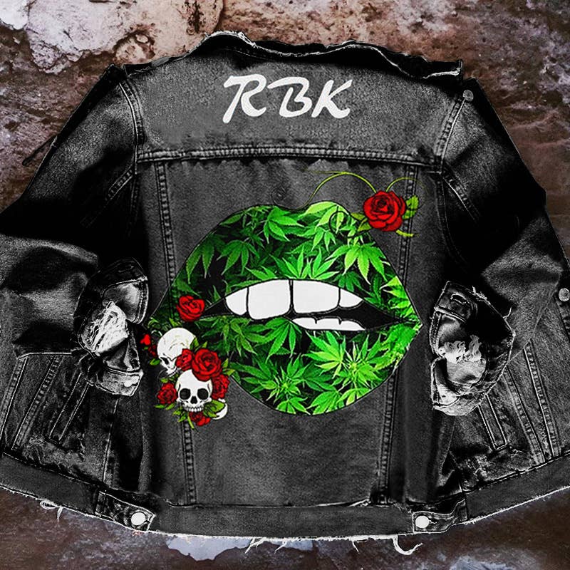Tourtiwi - Wholesale Denim Jacket - Women's - Women's skull rose green lips denim jacket10
