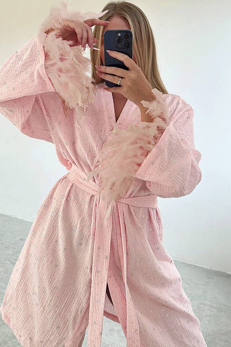 ROSE CWSPJ0393_NUISSETTE EN COTON AVEC PATCHWORK DE STRASS ET PLUMES en vente sur Faire1