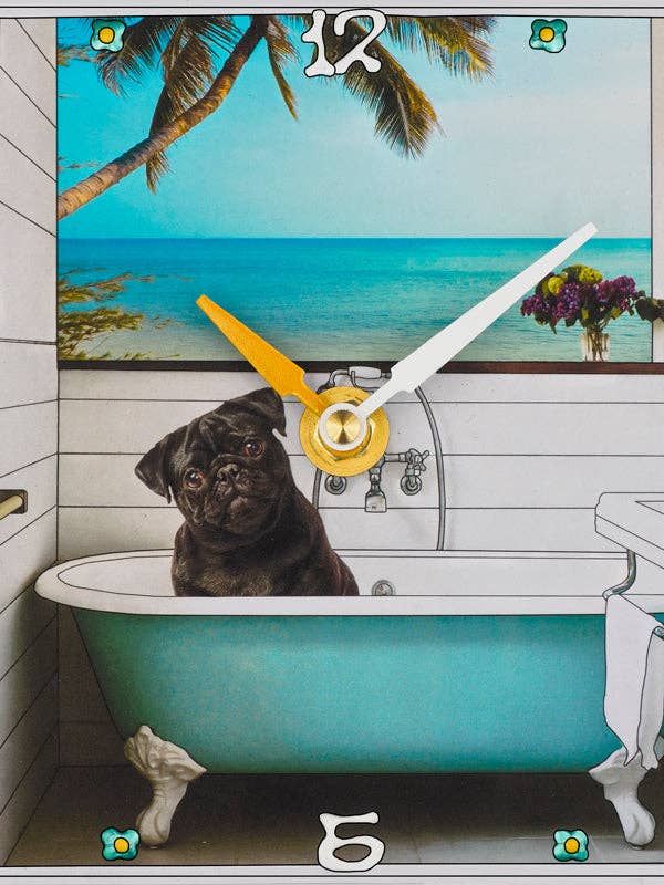 Schwarzer Mops, Collage-Uhr für den Großhandel von Lea Alboher