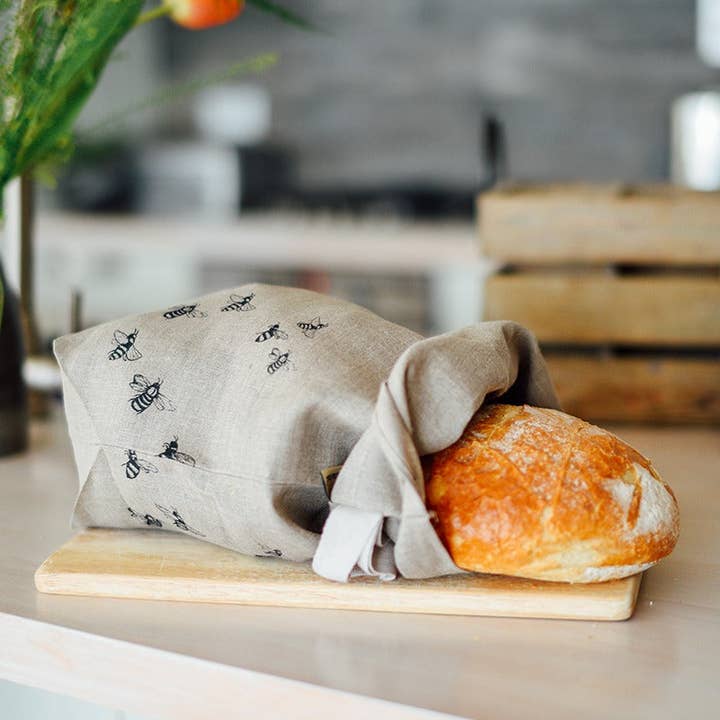 Helen Round - hand printed linen and bamboo wellness – wholesale Food storage wrap/bag – Linen Bread Bag Handprinted Bees, Linen Bread Storage Bag2