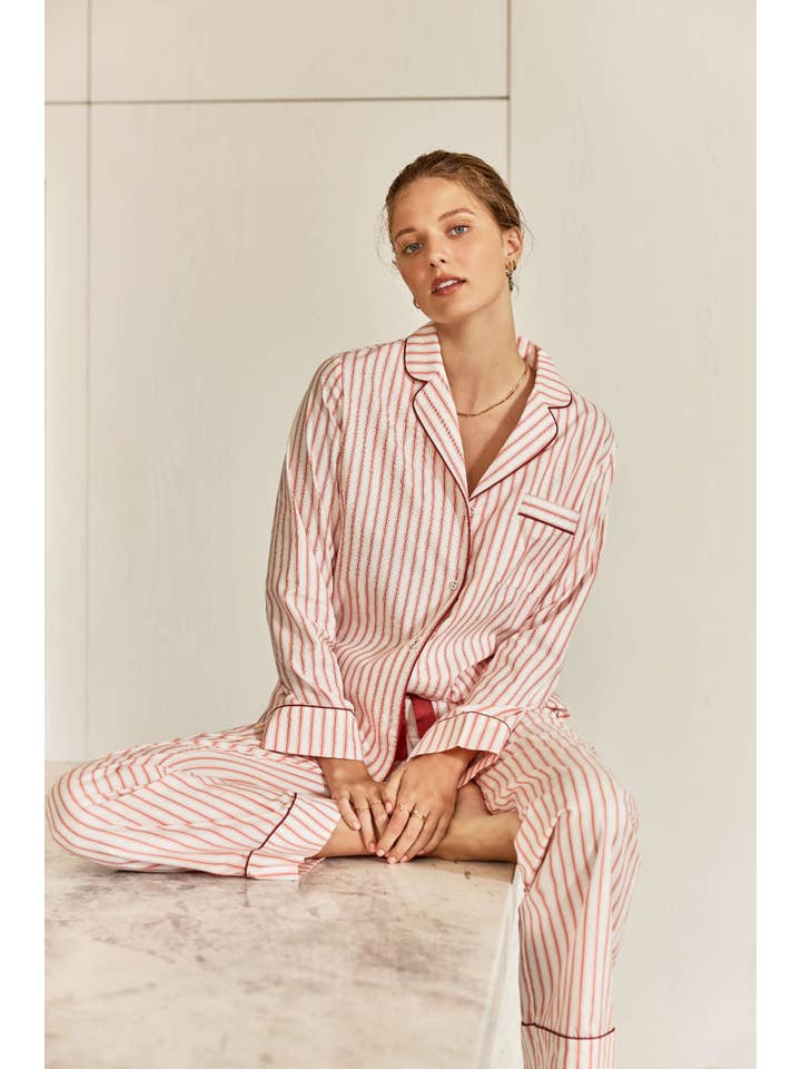 Cotton Stripe Pyjama Set - Octavia Burgundy for wholesale on Faire1