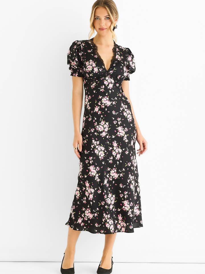 GINI LONDON - Vente Robe – femme - Robe midi biaisée noire à fleurs avec bordure en dentelle
