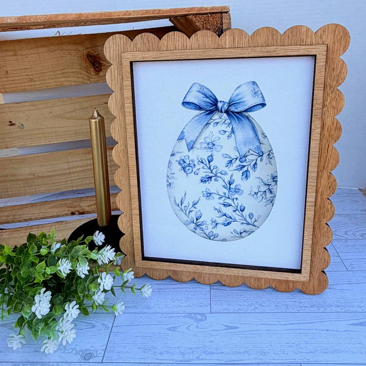 Scallop Edge Framed Art Egg Chinoise Blue | Wood Frame for wholesale by Maci Loo Makings