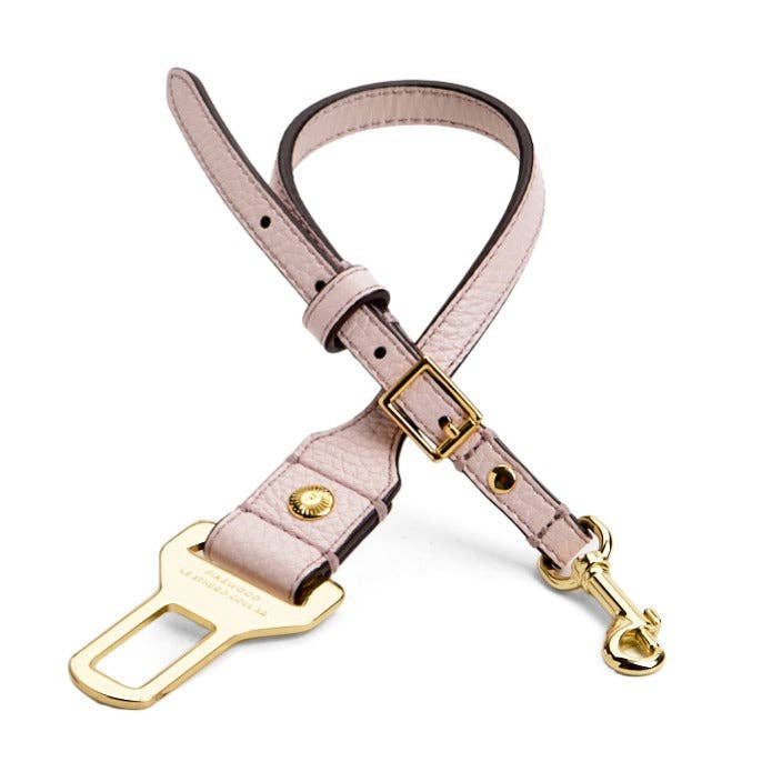 Leather Dog Seatbelt – Hint-of-Pink-Gold Finish for wholesale by Pinewood Leather & Collar