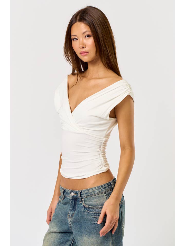 Blue Blush - Wholesale Blouse - Women's - BT25836 V-Neck Ruching Top : Can Be Worn Two Ways