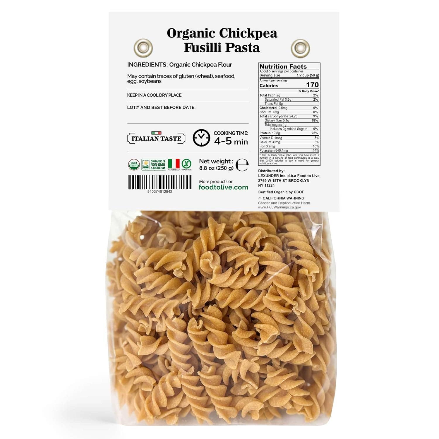 Food To Live - Vente Pâtes - Pâtes fusilli aux pois chiches biologiques, 8,8 OZ, sans OGM, végétaliennes1