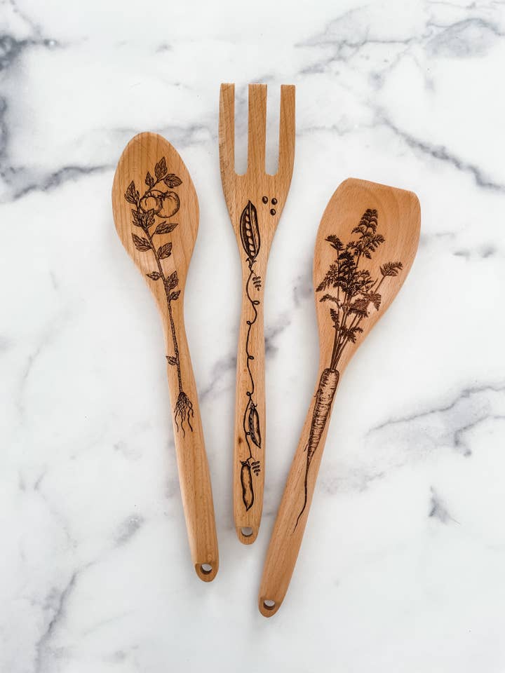Veggie Wooden Cooking Utensil Set for wholesale by Wood & Ash