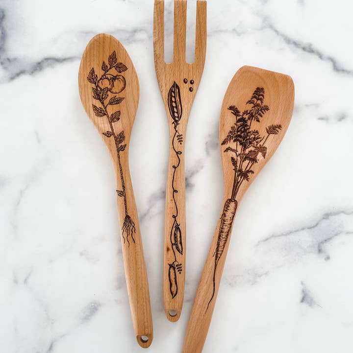 Wood & Ash - Wholesale Kitchen Utensil Set - Veggie Wooden Cooking Utensil Set