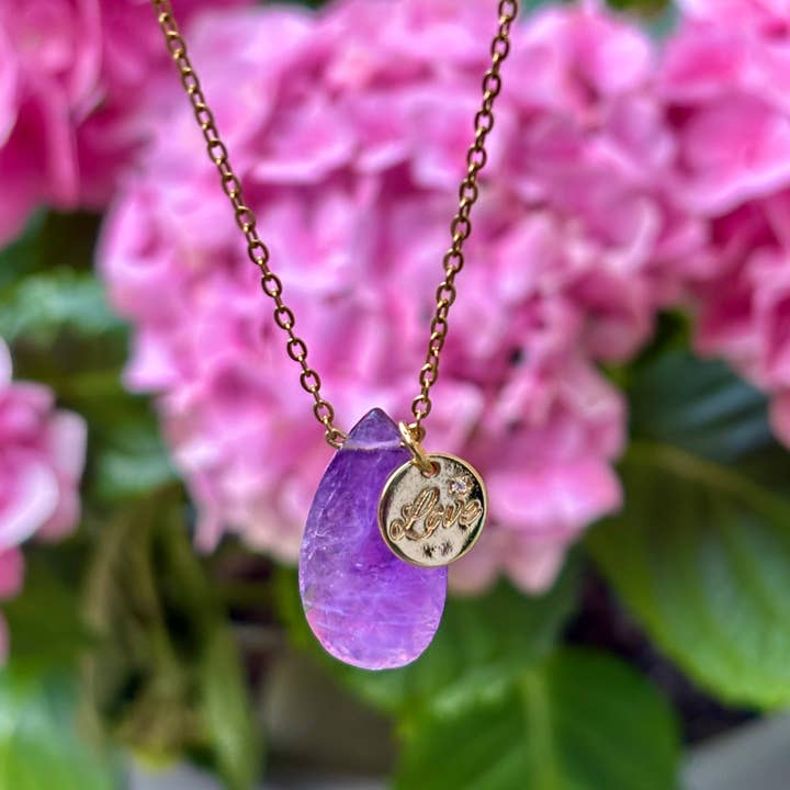 Collana con goccia di ametista placcata in oro 18 carati personalizzata + braccialetto abbinato in omaggio per la vendita all'ingrosso da parte di Ocean Ripples