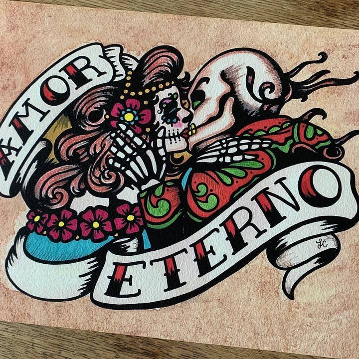 De Dødes Dag "Amor Eterno" Sukkerkranie Kærlighedspar Kunsttryk for engroshandel hos Illustrated Ink