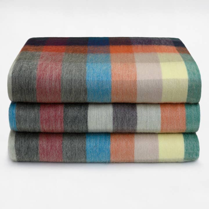 ECUALAMA - Wholesale Throw Blanket - Anzu - Baby Alpaca Wool Throw Blanket / Sofa Cover - Queen 96 x 66 in - Multicolor Checker Plaid In Orange Blue Brown
