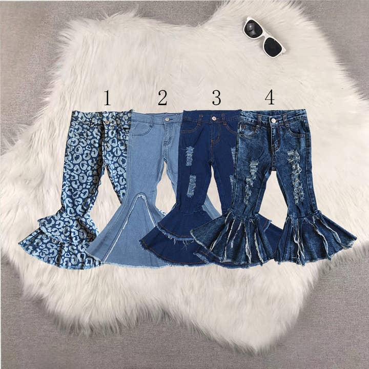 Jeans en denim à pattes d'éléphant bleu léopard pour bébés filles sœurs pour la vente par Aier Wholesale
