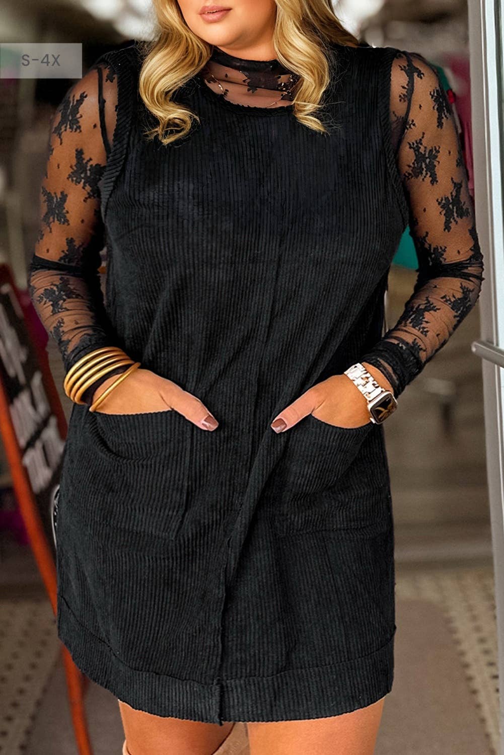 66DISCO - Wholesale Dress - Women's - Corduroy  Plus Size Mini Fall Dress with Pockets (S-4X)0