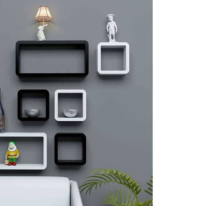 AK INTERNATIONAL - Wholesale Wall Mounted Shelf - Wall Shelves 6 Pieces Cube and Rectangle Storage Display Mdf Shelf, Black and White1