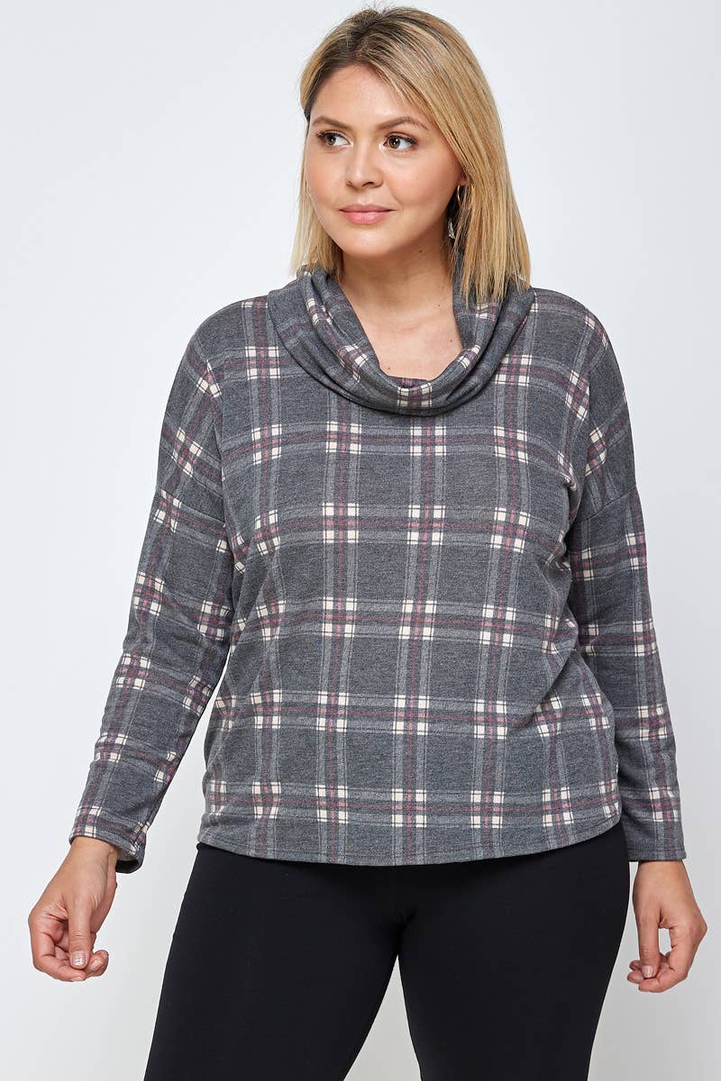 Haute Fox Plus Size & Contemporary - Wholesale Knit Top - Women's - Plus Size Soft French Terry Plaid Top 17668-T1