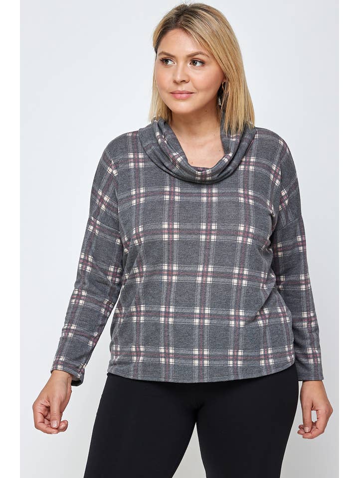 Haute Fox Plus Size & Contemporary - Wholesale Knit Top - Women's - Plus Size Soft French Terry Plaid Top 17668-T1