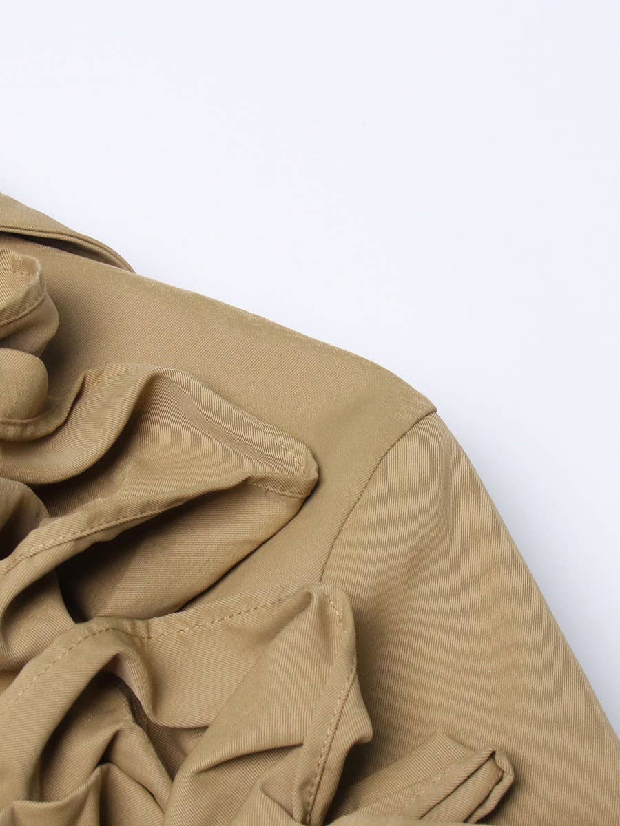 Khaki CT020 Women's Shoulder Ruffle Commuter Knee Length Coat for wholesale on Faire14