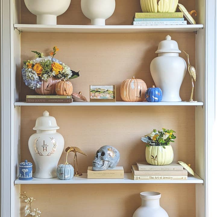 Lo Home | Ruby Clay - Wholesale Decorative Tabletop Object - "Mr. Bones and Charlotte" Skull Decor with 22K Gold Accents- Light Gray4