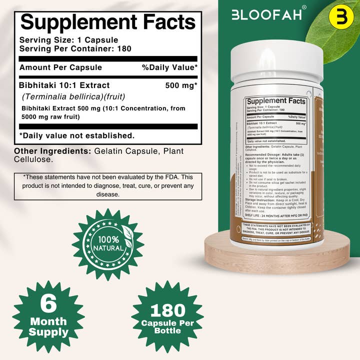 Bloofah - Vente Supplément oral/vitamine - Gélules de Bibhitaki 500mg | Extrait de Poudre de Fruit 10:1 Non-OGM