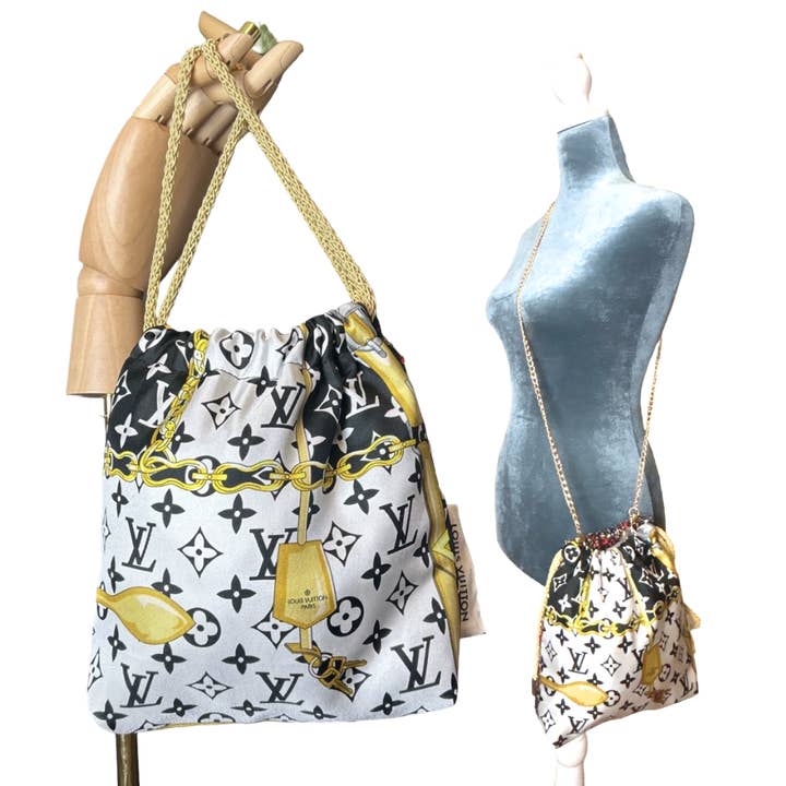 LV Monogram Vintage Silk Scarf Drawstring Crossbody Bag for wholesale by Vintage Luxe Up