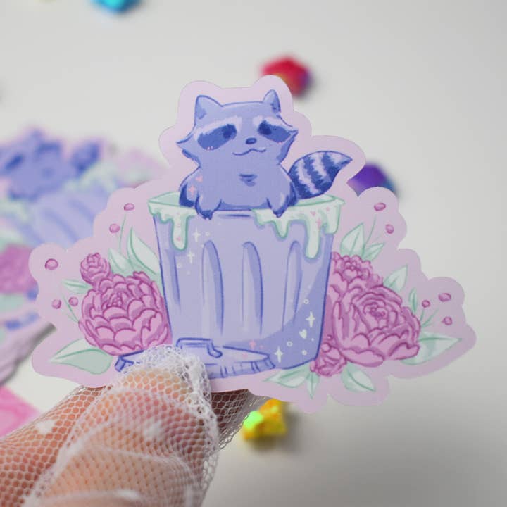 Trash Panda Floral Racoon Vinyl Sticker for wholesale by Kingsfoil and Coffee Designs