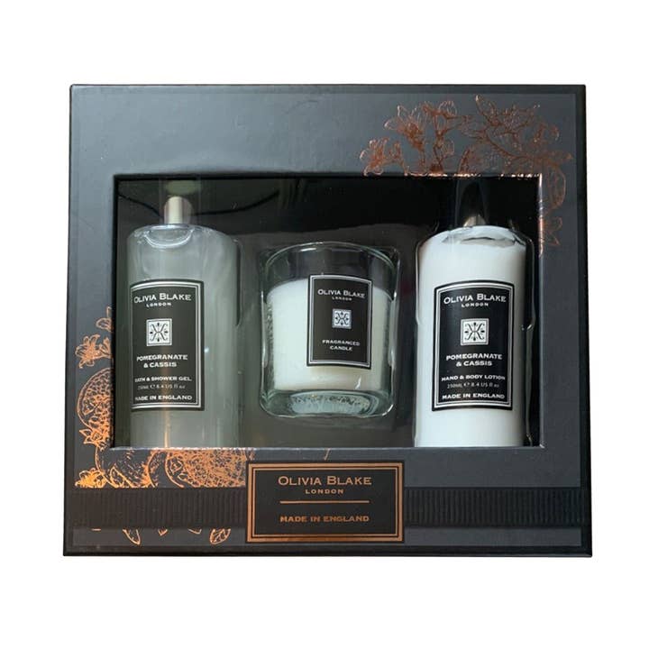 Trio de beauté Olivia Blake : Grenade et cassis - Ensemble de bougies parfumées, de gel de bain et de lotion pour le corps pour la vente par Prestige Beauty Boutique