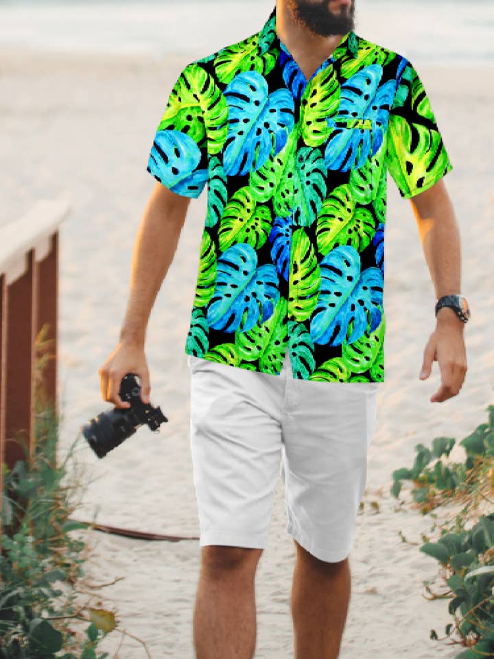 La Leela Men Hawaii Beach Shirt Monstera Leaves,Green S-4XL for wholesale by LA LEELA \ HAPPY BAY