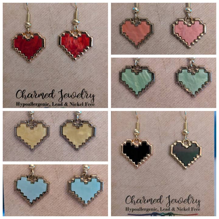 Con-Quest Crafts - Wholesale Dangle Earrings - Pixel Heart Earrings - Colorful Hypoallergenic Earrings