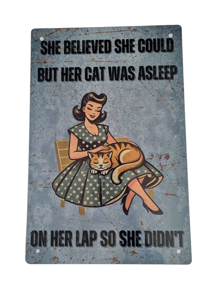 "She Believed She Could" 8x12 Rustic Vintage Metal Cat Sign for wholesale by Made By Scratch Crafts