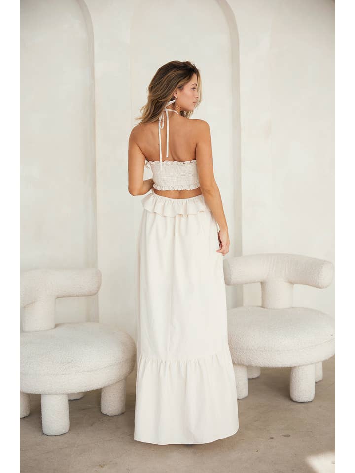 Cut-Out Ruffled Maxi Halter Dress LD1298 IVORY for wholesale on Faire
