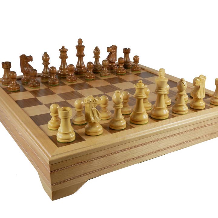 Chess Set - Sheesham & Boxwood Staunton on 18" Beechwood Chest for wholesale by WorldWise Imports