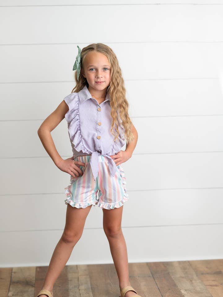 Kids Lavender Ruffle Top & Pastel Stripe Spring Short Set for wholesale by Wren & James