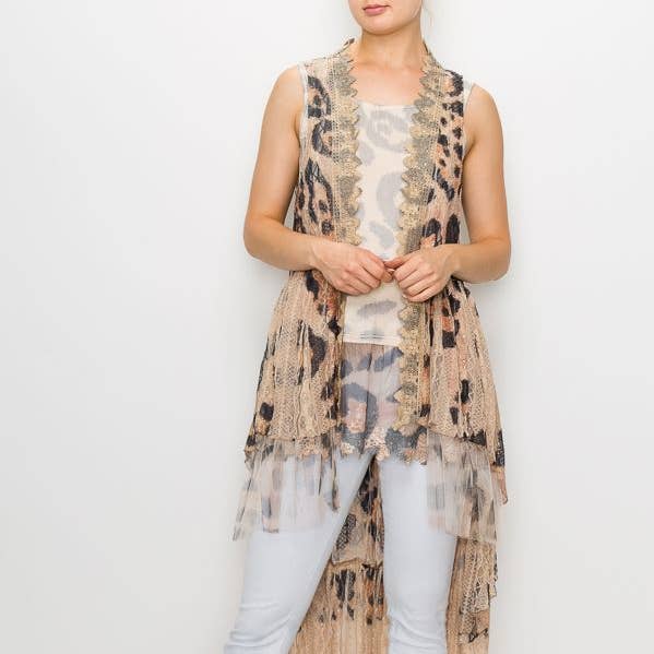 BOHEMISK HELSPETS HI LOW VÄST-U013 TAUPE/LEO för wholesale av Origami Apparel ~ Lace and Crochet inspired